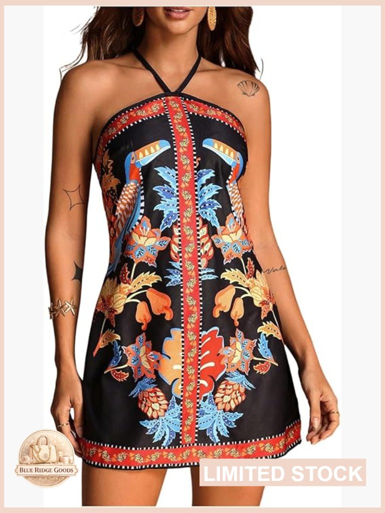 Floral Boho Halter Sundress Backless Mini A-Line Criss Cross Tie Casual